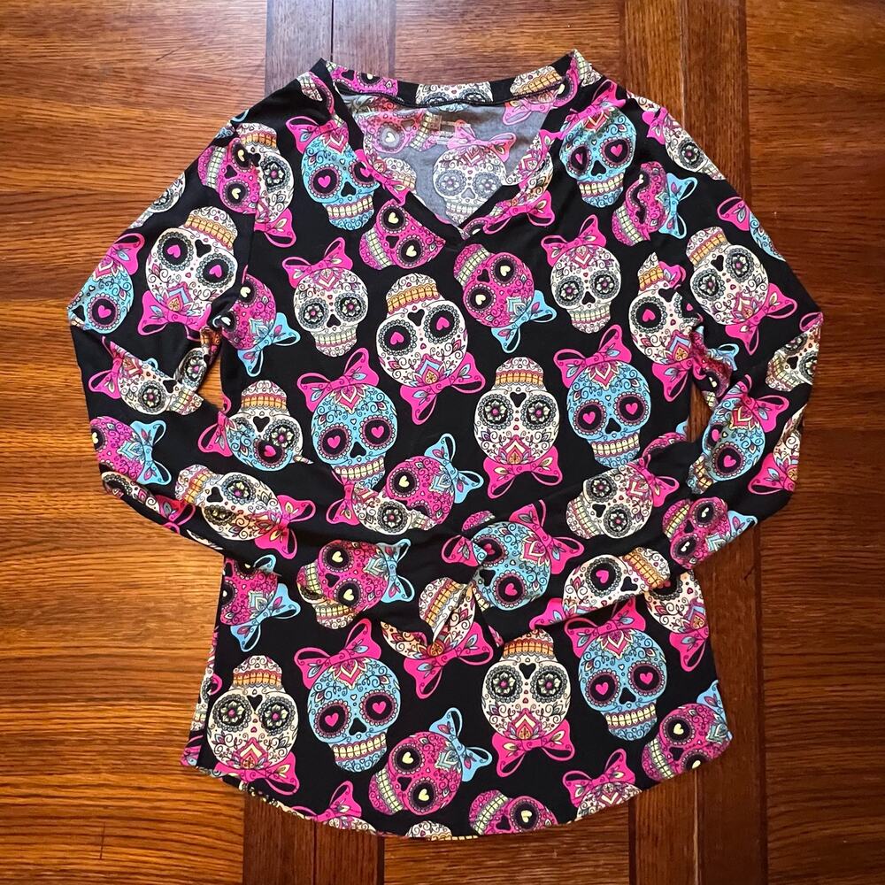 Women’s Junior Y2k Halloween Mexican Sugar Skull Colorful Super Soft Top Large - Picture 4 of 11